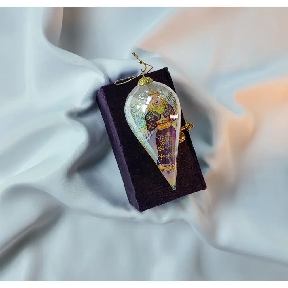 Li Bien Reverse Painted Glass Angel Ornament, Purple Velvet Box